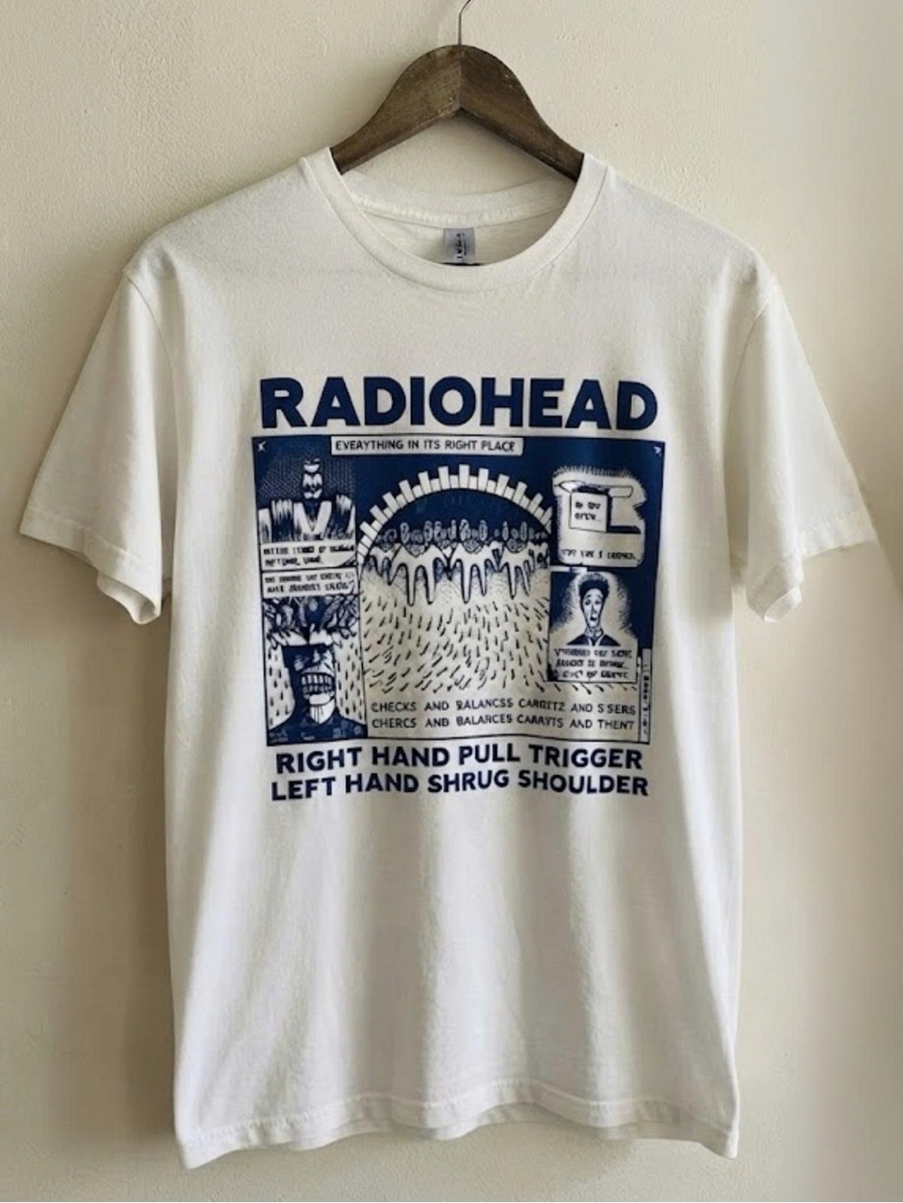 Gildan White Short Sleeve Radiohead Graphic Tee with Navy Print | Unisex Shirt